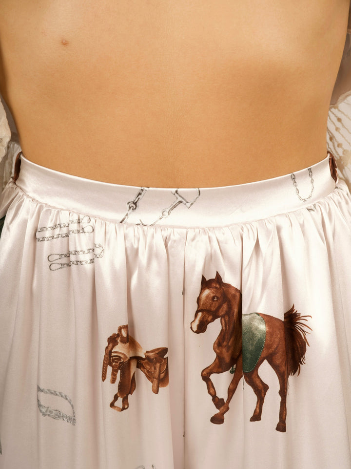 Stretch Satin Equestrian Print Lace-Paneled Balloon Pants