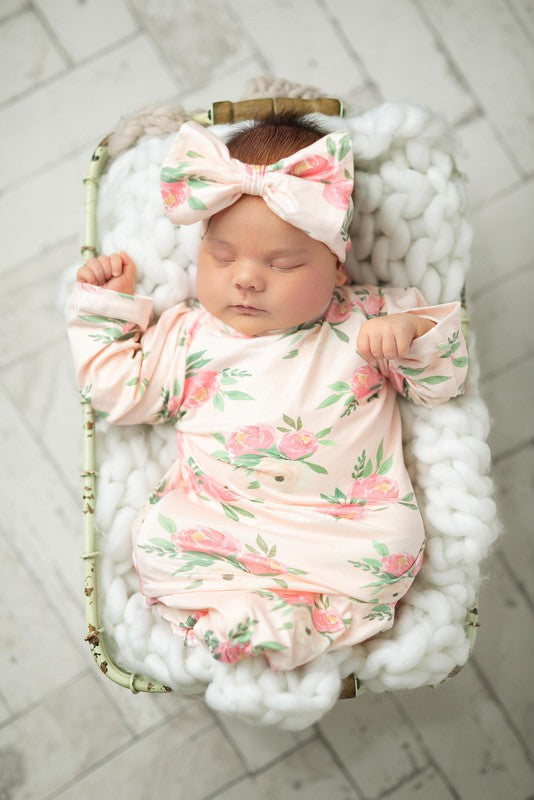 Pinky Pink Rose Baby Gown and Bow Headband - Salt and Grace Boutique