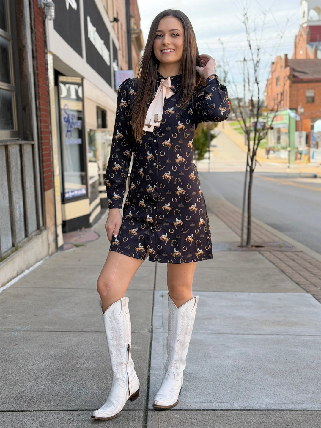 Cowgirl Charm Bow-Tie Western Print Dress