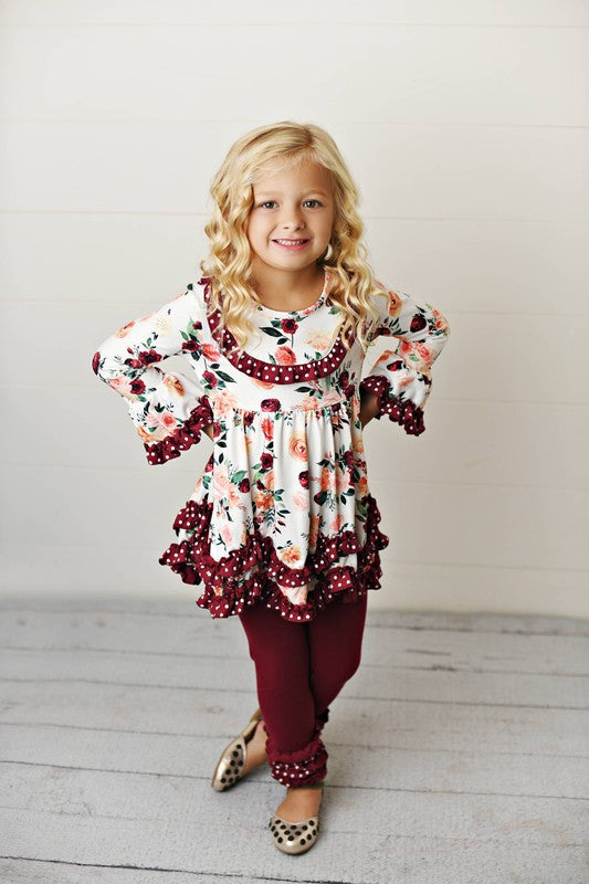 Girls Wine Floral Ruffle Set - Salt and Grace Boutique