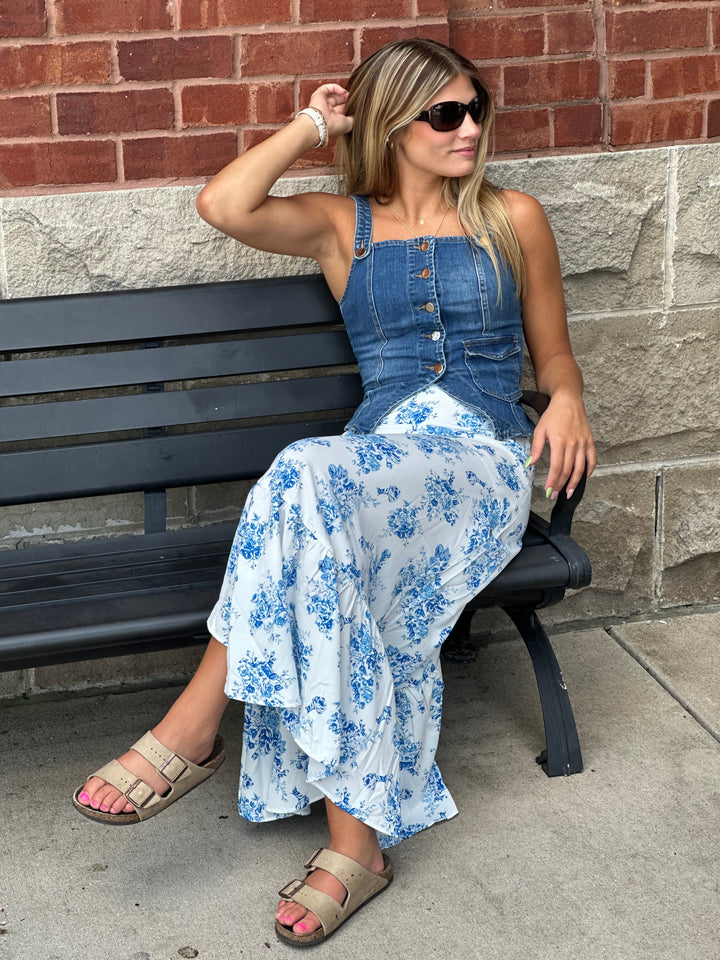 High Waist Ruffle Floral Maxi Skirt with Front Slit