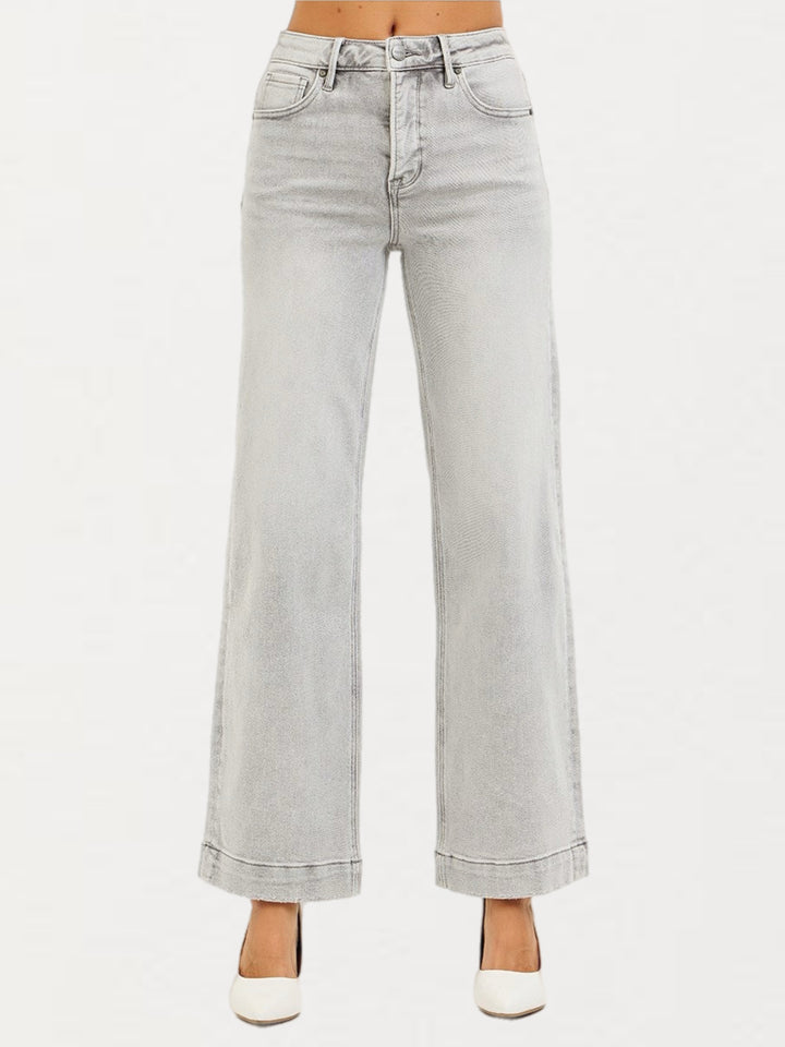 RISEN High-Rise Wide Leg Ankle Jeans in Light Grey