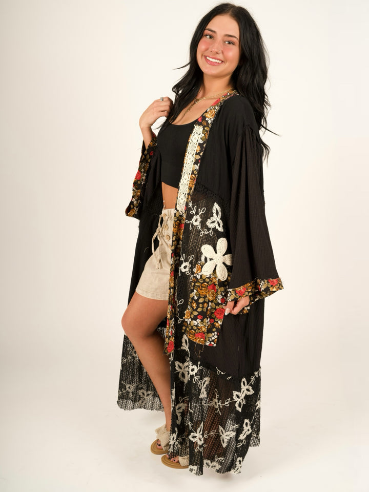 POL Oversized Boho Cardigan - Black Crochet Lace Patch Duster