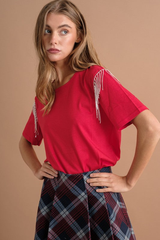 Rhinestone Fringe T Shirt - Salt and Grace Boutique