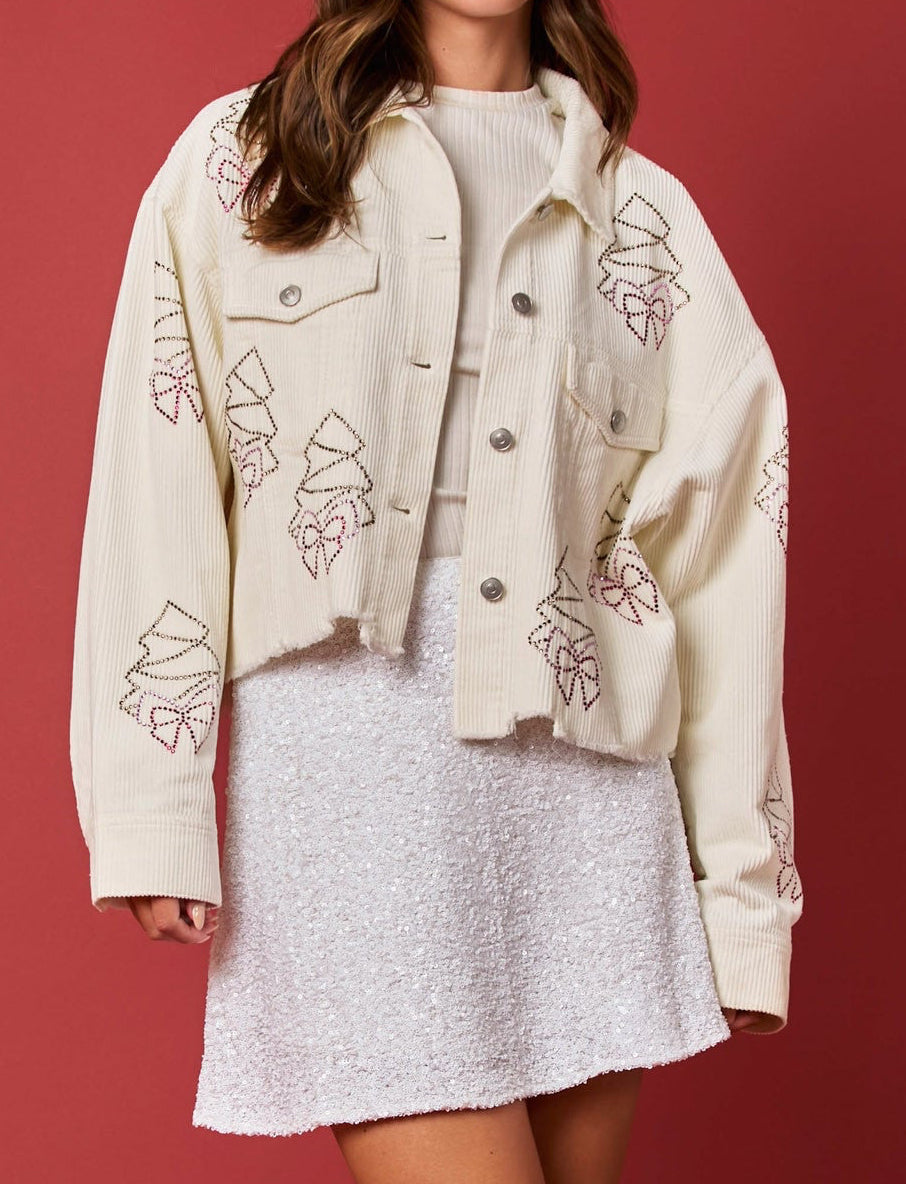 Corduroy Christmas Tree & Bow Rhinestone Jacket