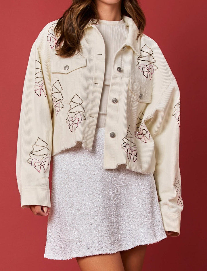Corduroy Christmas Tree & Bow Rhinestone Jacket