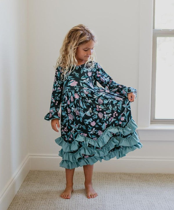 Girls Floral Long Sleeve Ruffle Dress - Salt and Grace Boutique