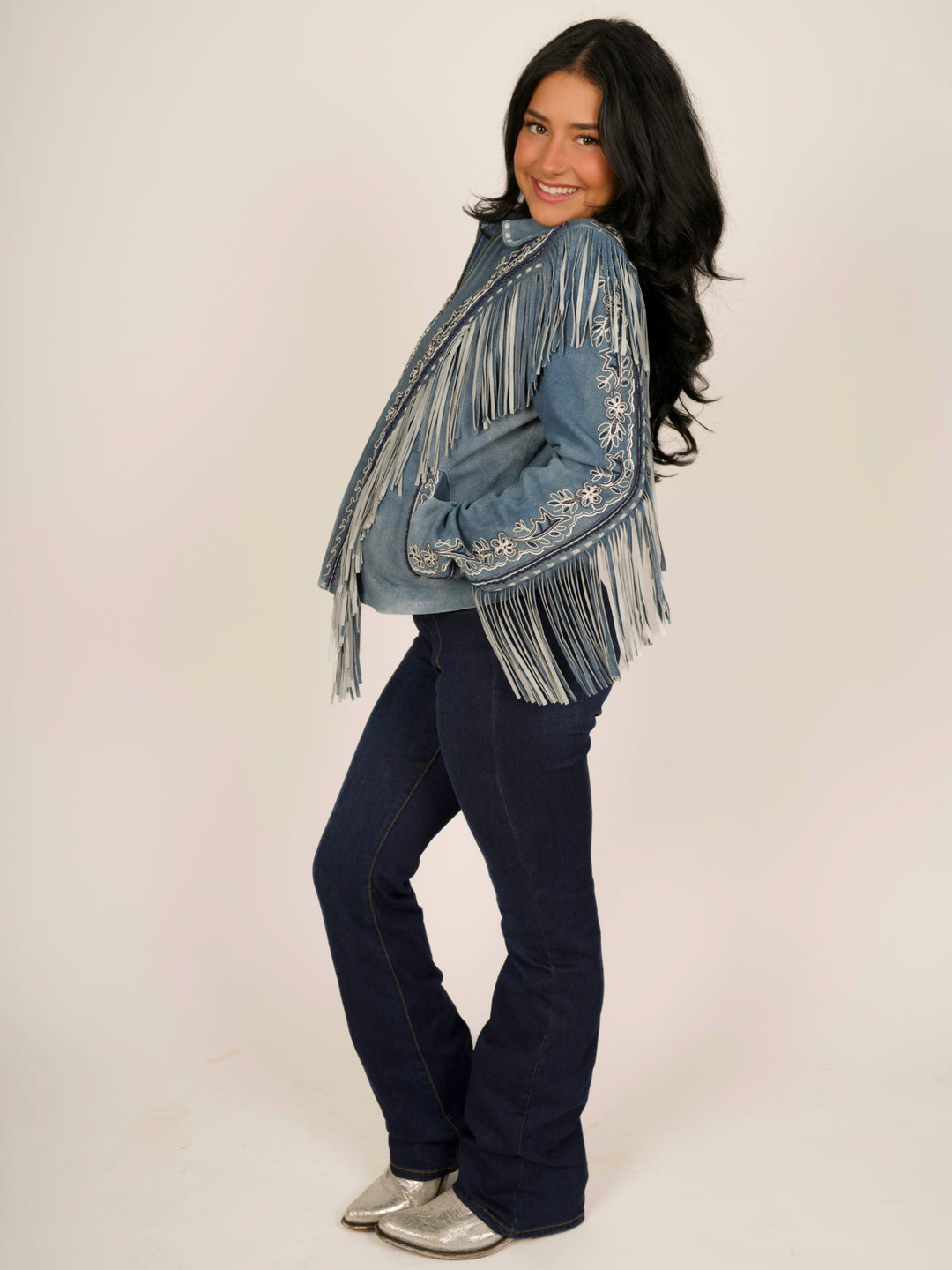 Light Blue Women’s Fringe Suede Leather Jacket