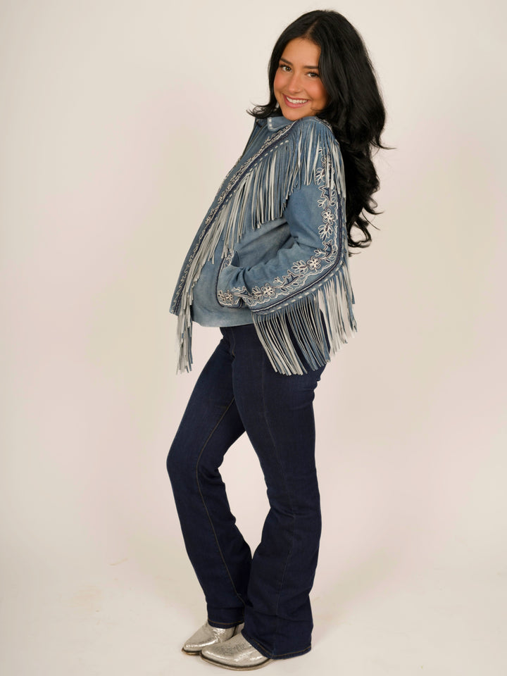 Light Blue Women’s Fringe Suede Leather Jacket