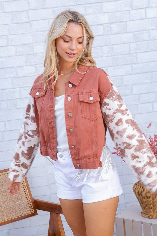 Cow Print Denim Jacket with Sequin Detail - Salt and Grace Boutique