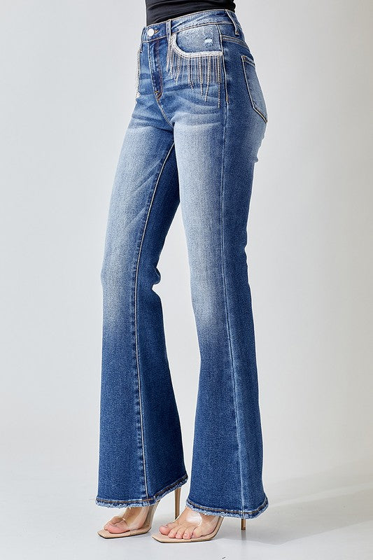 Risen High Rise Rhinestone Flare Jeans - Salt and Grace Boutique