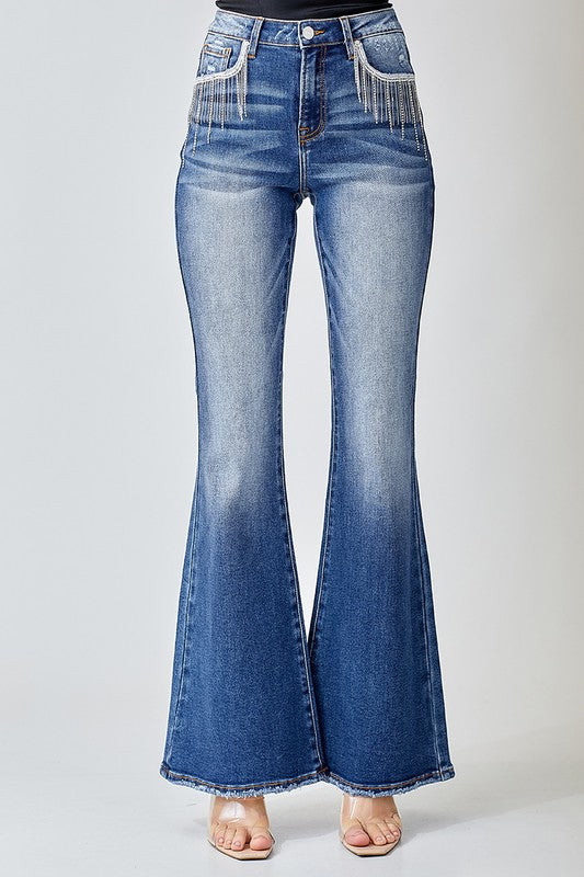 Risen High Rise Rhinestone Flare Jeans - Salt and Grace Boutique