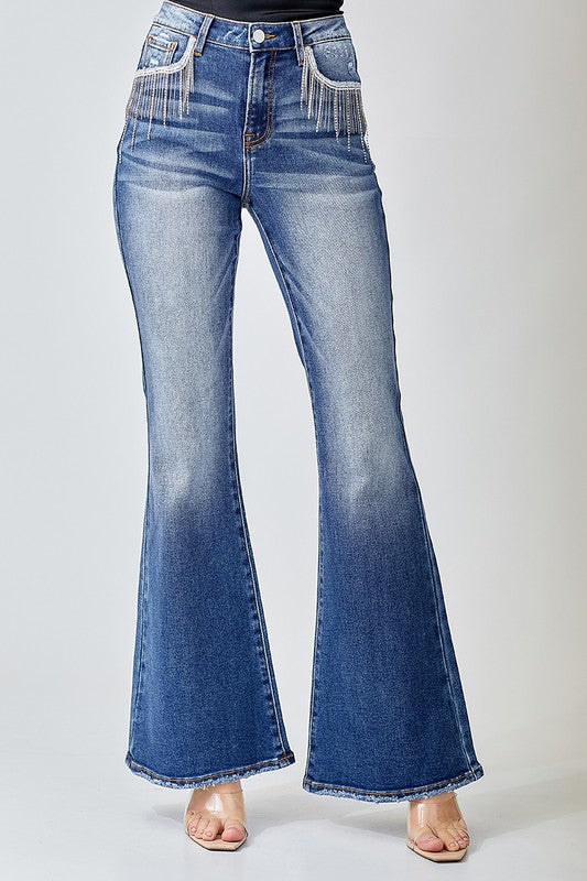 Risen High Rise Rhinestone Flare Jeans - Salt and Grace Boutique