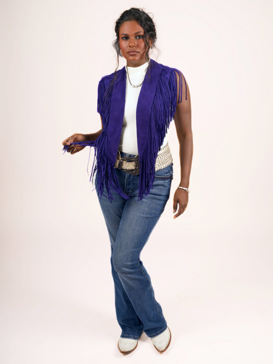 Handcrafted Royal Blue Suede Leather Fringe Shoulder Collar