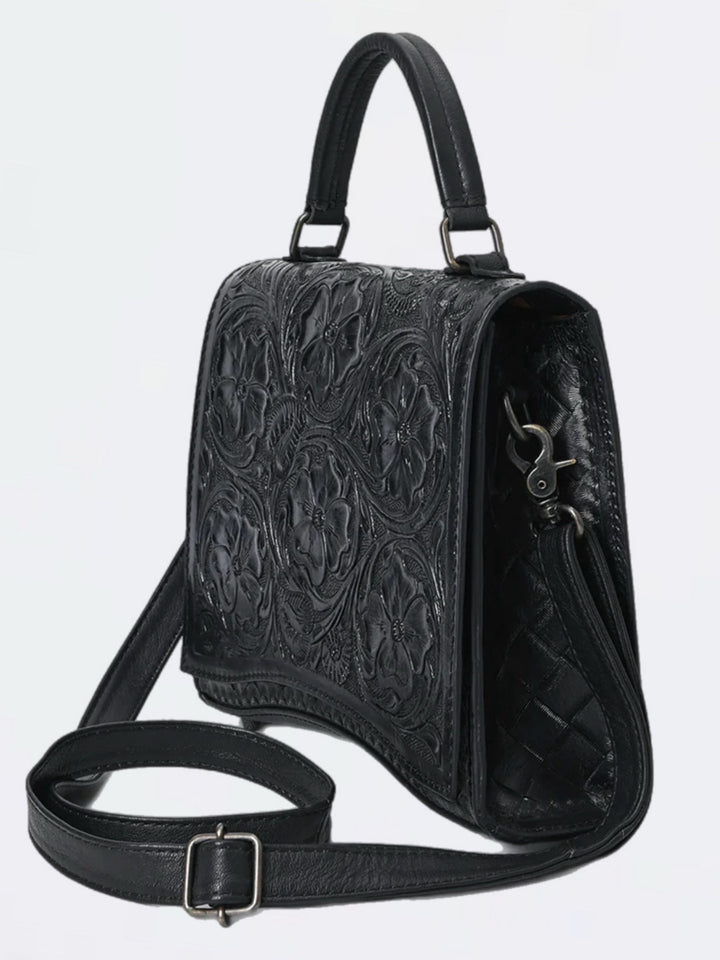 Black Hand Tooled Leather Crossbody Messenger Handbag