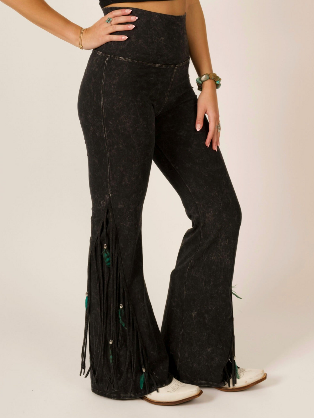 Black Half Fringe & Feather Mineral Wash Western Leggings