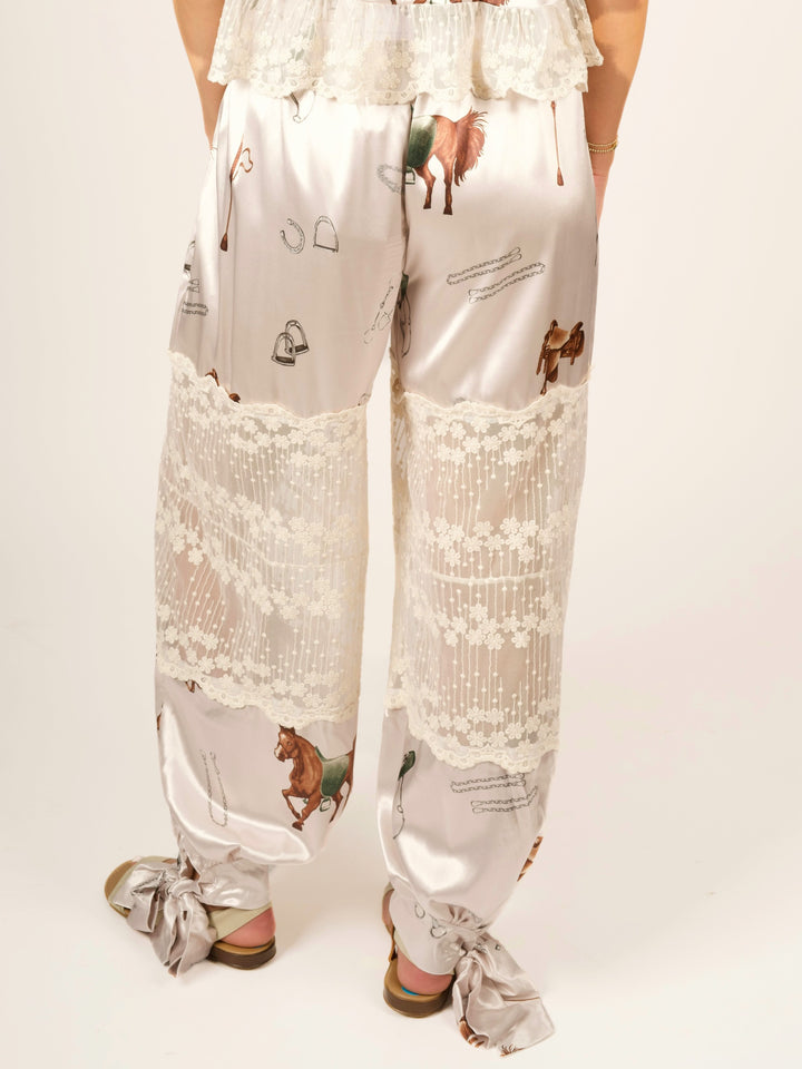 Stretch Satin Equestrian Print Lace-Paneled Balloon Pants
