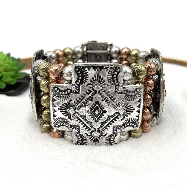 Metal Cross Western Native Chunky Stretch Bracelet - Salt and Grace Boutique