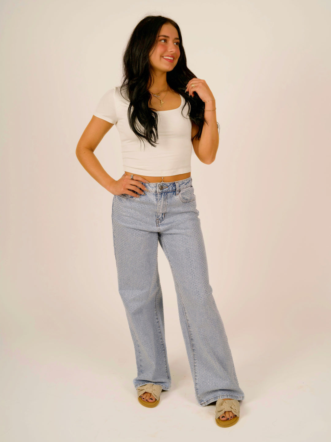 High-Rise Wide-Leg All-Over Rhinestone Jeans