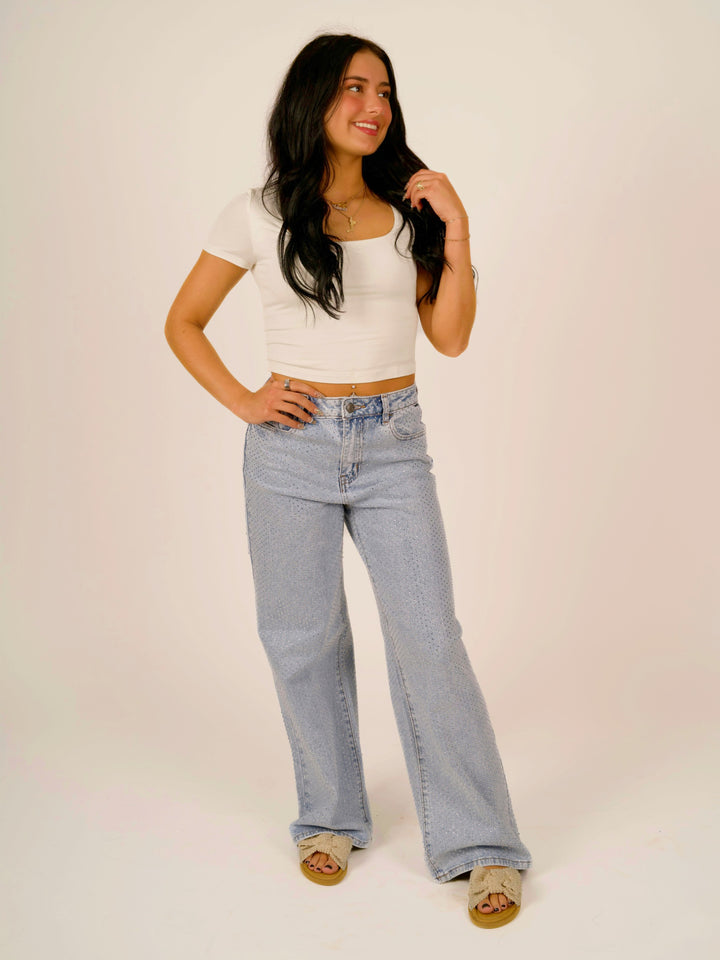 High-Rise Wide-Leg All-Over Rhinestone Jeans