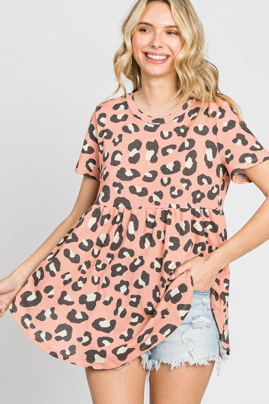 Plus Leopard Print Waffle Babydoll Top - Salt and Grace Boutique