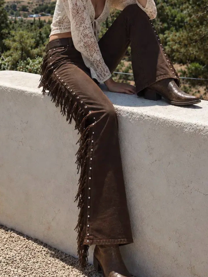 Chocolate Brown High-Waisted Fringe Bootcut Jeans