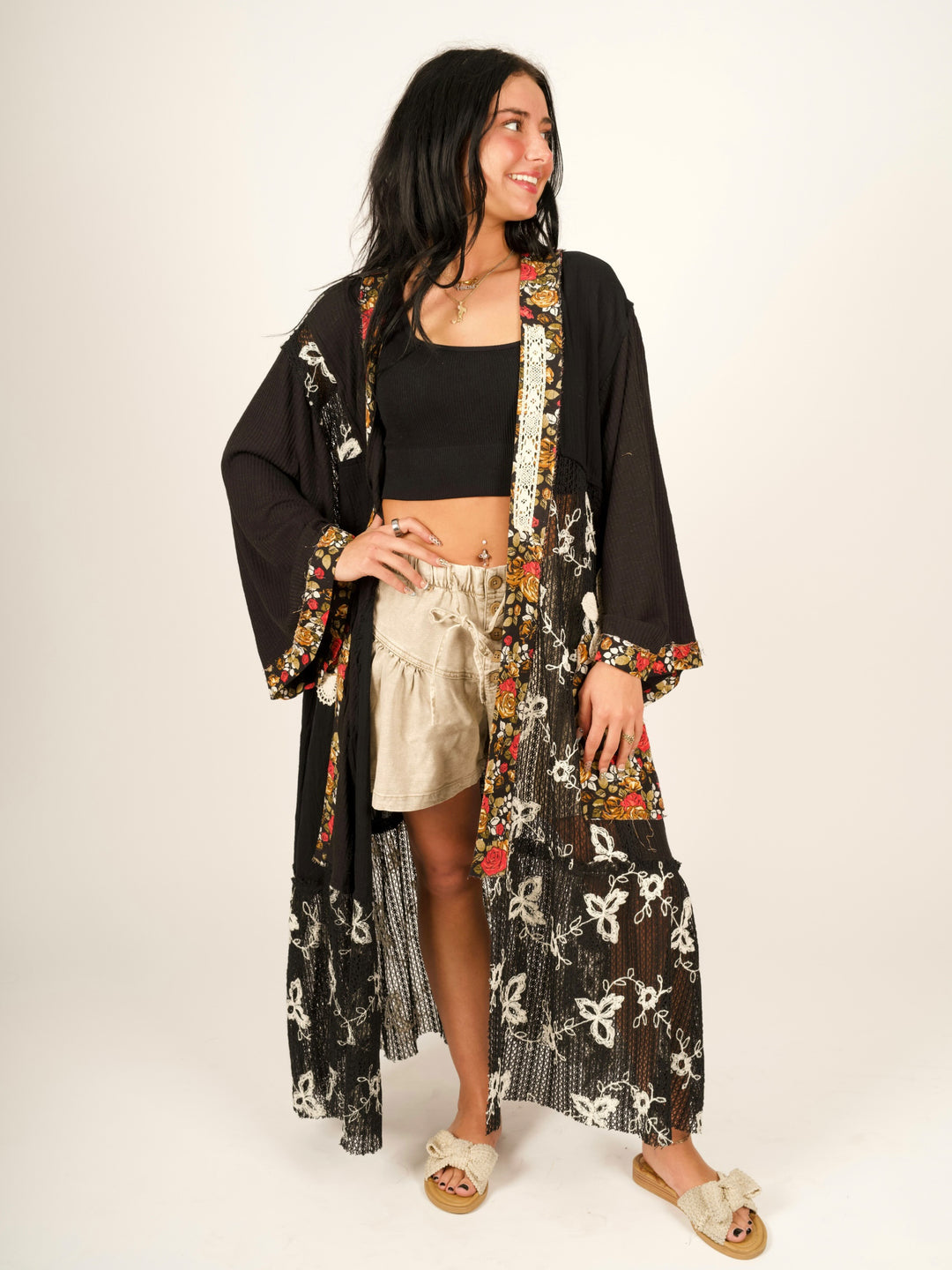 POL Oversized Boho Cardigan - Black Crochet Lace Patch Duster