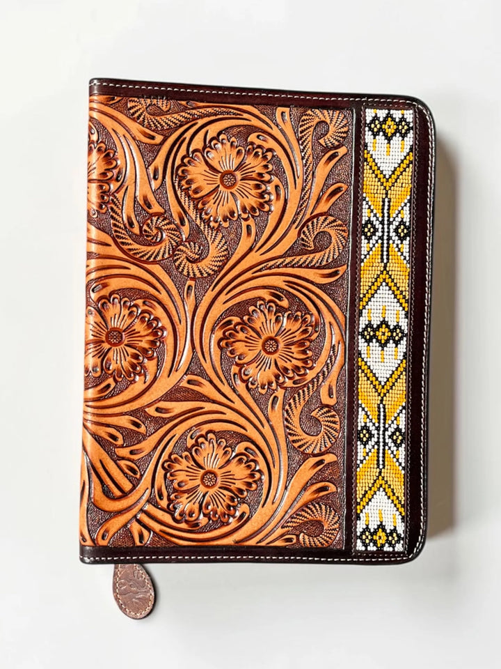 Yellow Aztec Tooled Leather Bible Cover