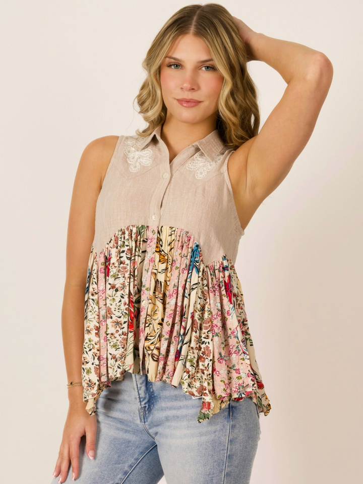 Breezy Escape Floral Boho Sleeveless Tunic  Babydoll Top