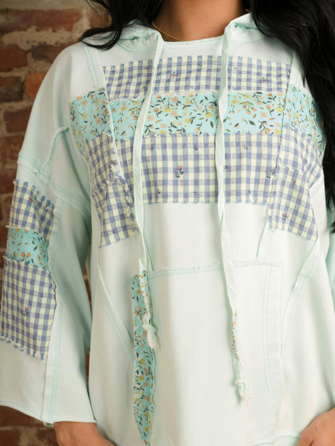 Mint Blue Oversized Floral Print Hooded Pullover