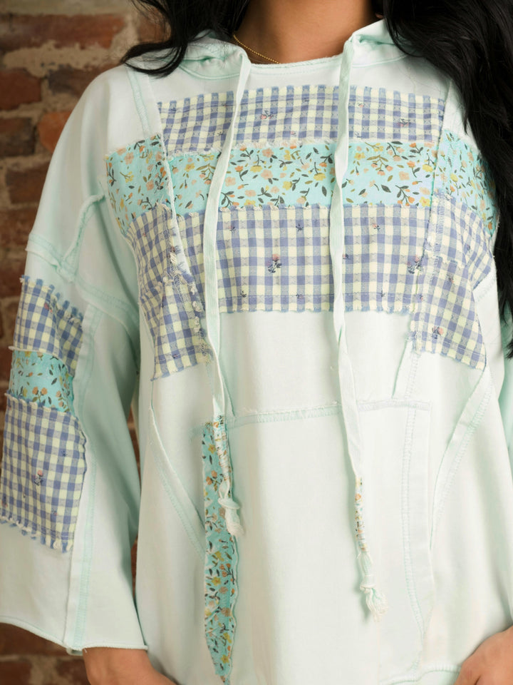 Mint Blue Oversized Floral Print Hooded Pullover