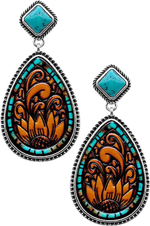 Sunflower Paisley Leather Gemstone Earrings - Salt and Grace Boutique
