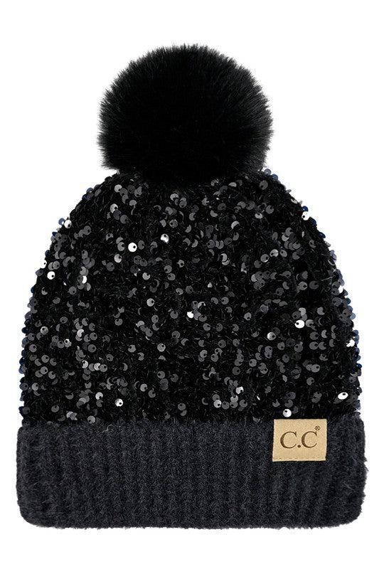 CC Sequin Fur Pom Beanie - Salt and Grace Boutique