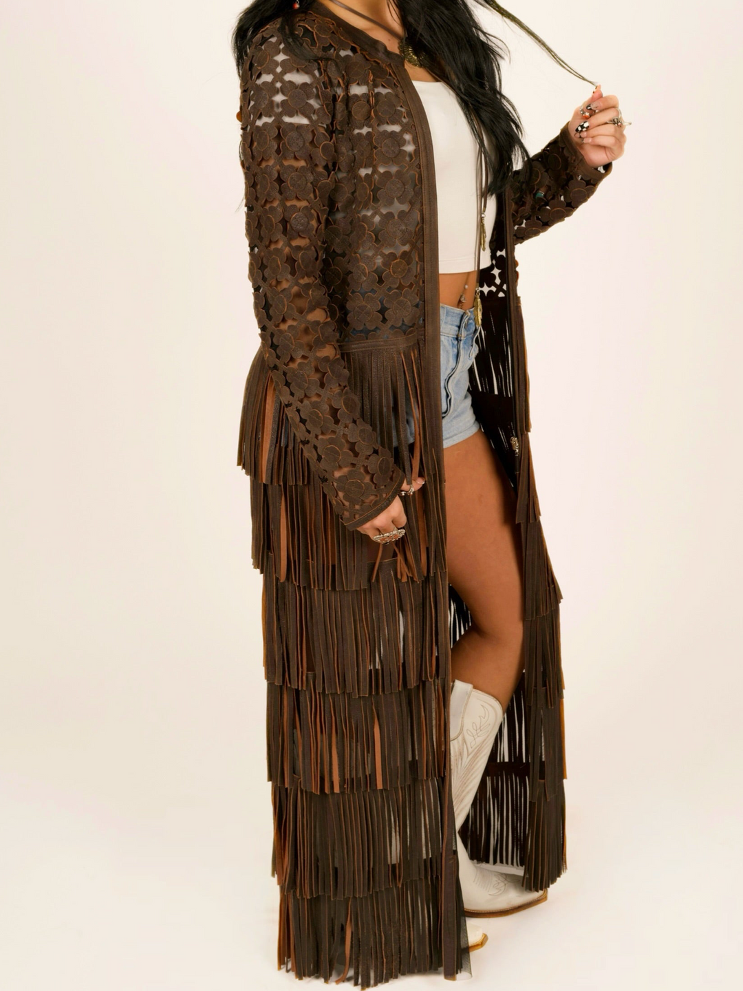 Italian Leather Laser-Cut Fringe Duster Jacket