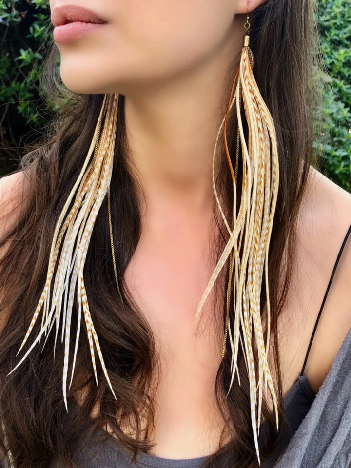 Luxuriously Long Handcrafted Boho Feather Earrings
