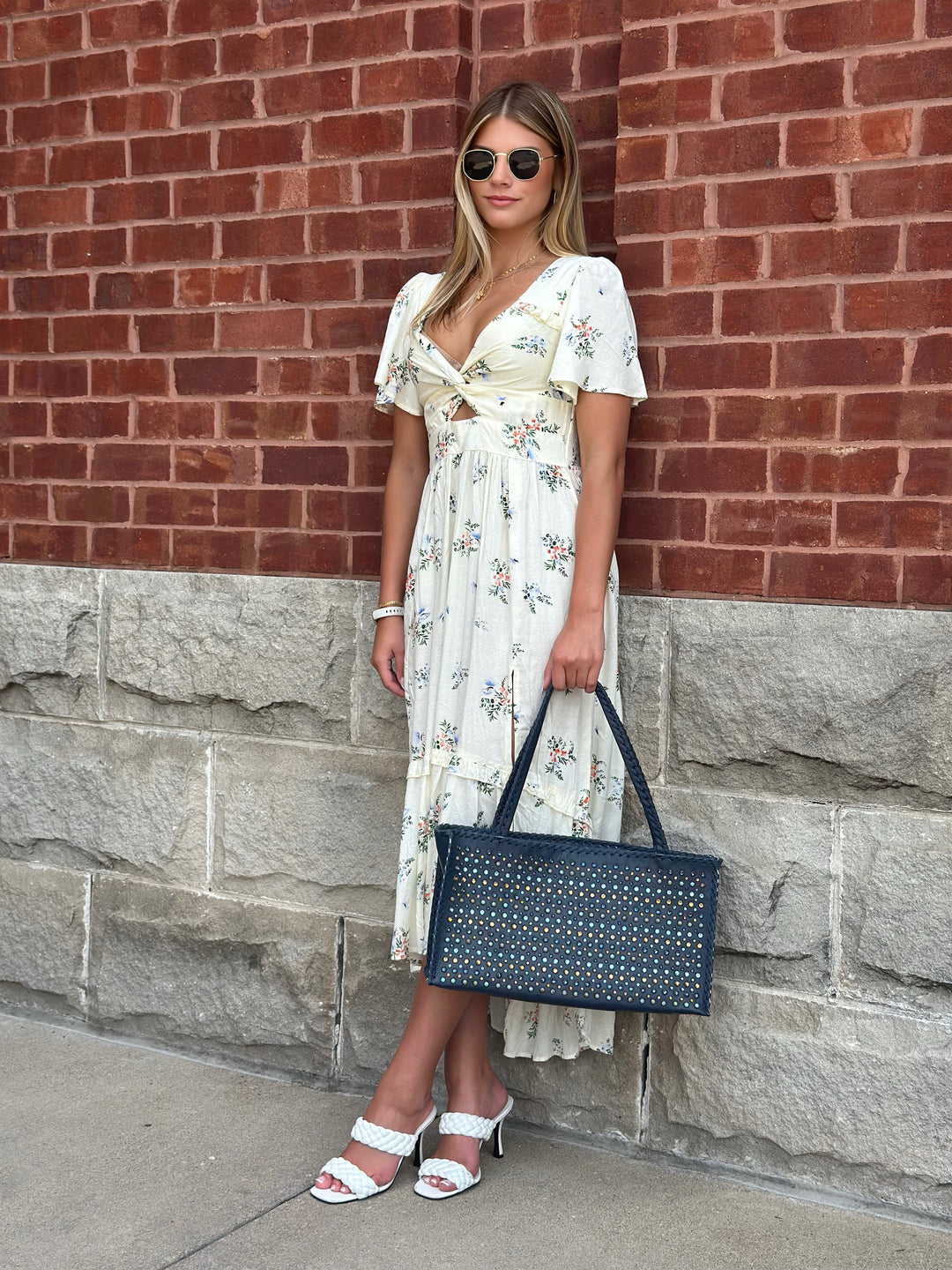 Ivory Floral Front Twist Eyelet Maxi Dress