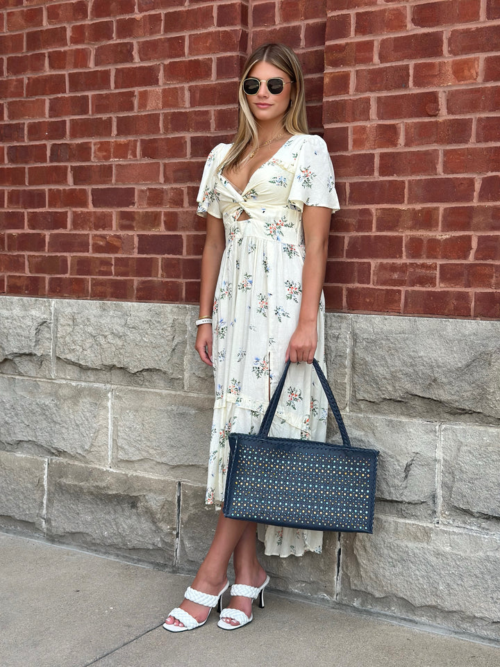 Ivory Floral Front Twist Eyelet Maxi Dress