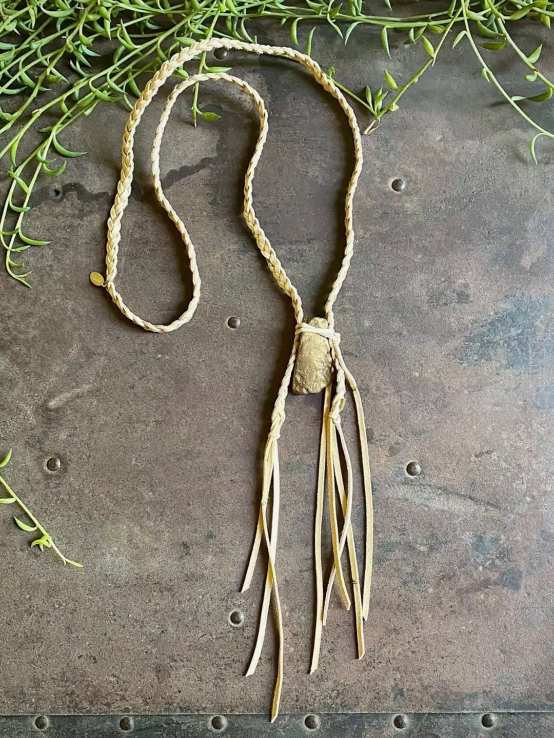 Cream Leather & Druzy Quartz Stone Necklace