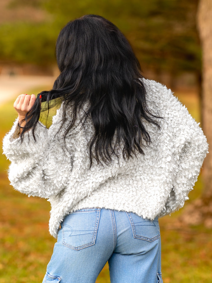 Oversized V-Neck Fuzzy Knit Cropped Sweater