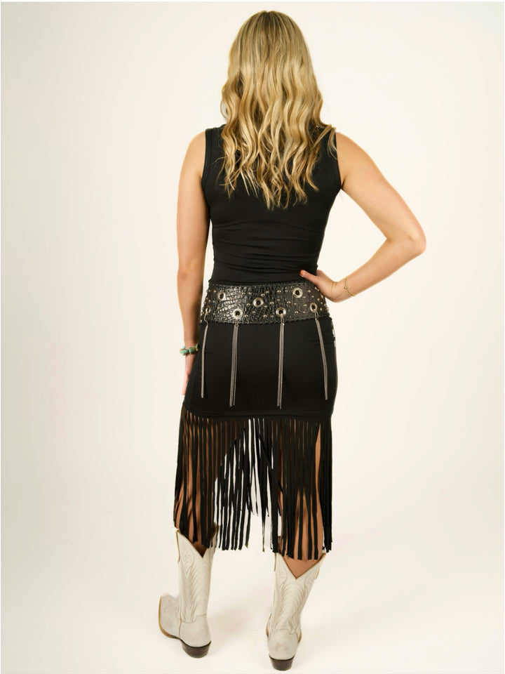 Kurtmen Black Leather Wide Contour Belt With Ball Chain Fringe