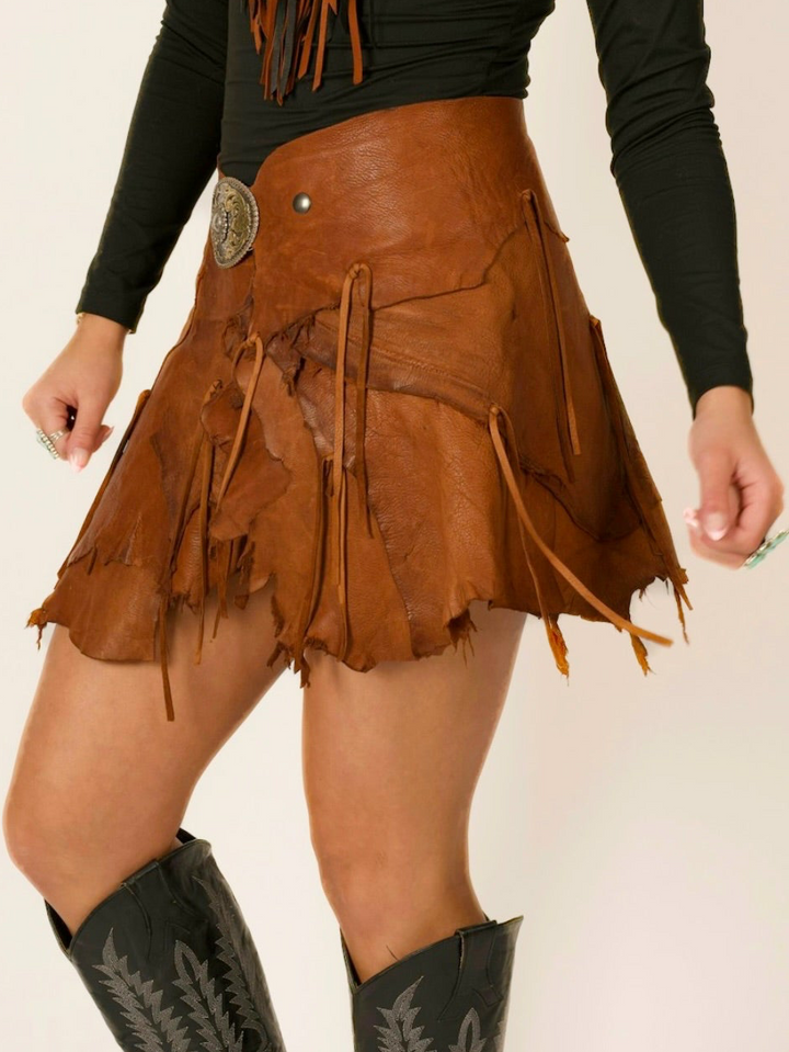 Belt Buckle Deerskin Leather Fringe Wrap Mini Skirt