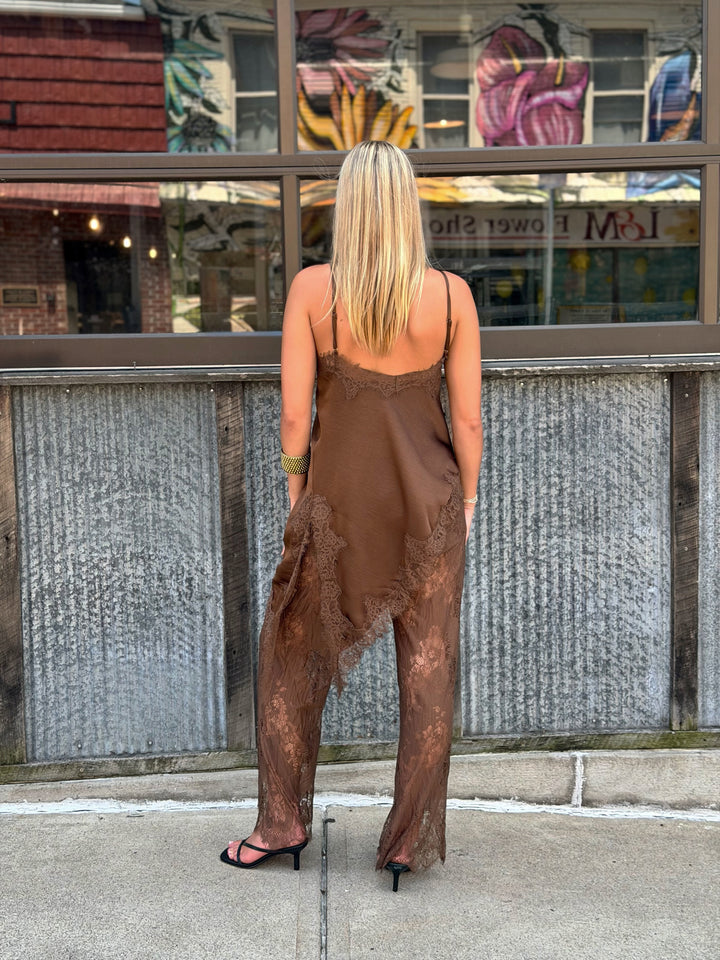 Falling For You Satin Cami & Sheer Lace Pant Two-Piece Set