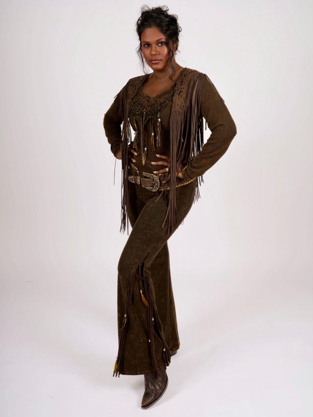 Handcrafted Chocolate Suede Shoulder Fringe Collar by Pat Dahnke