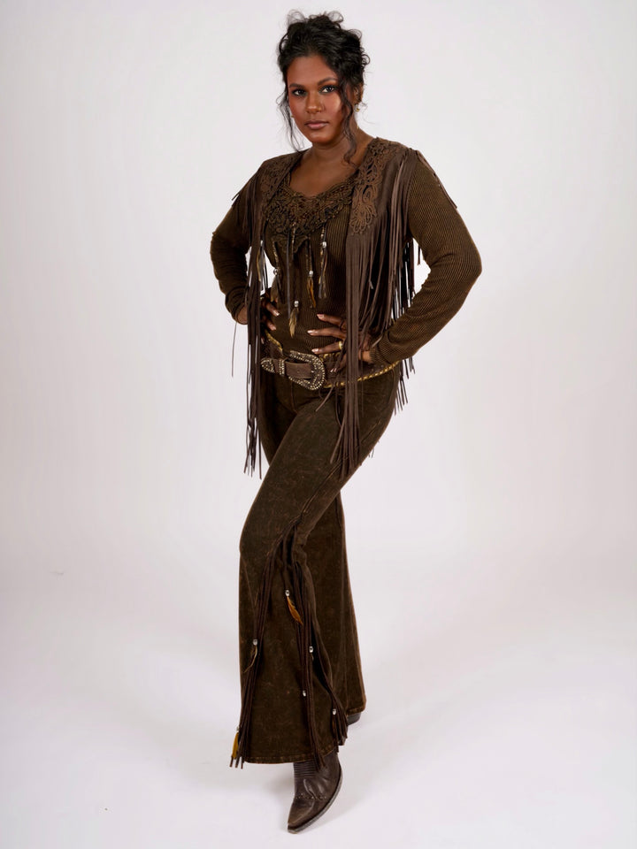 Handcrafted Chocolate Suede Shoulder Fringe Collar by Pat Dahnke