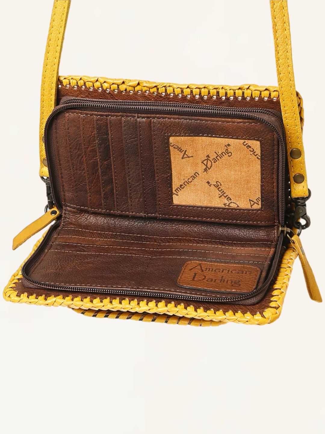 Antique Gold Hand Tooled Leather Crossbody Clutch Wallet Bag