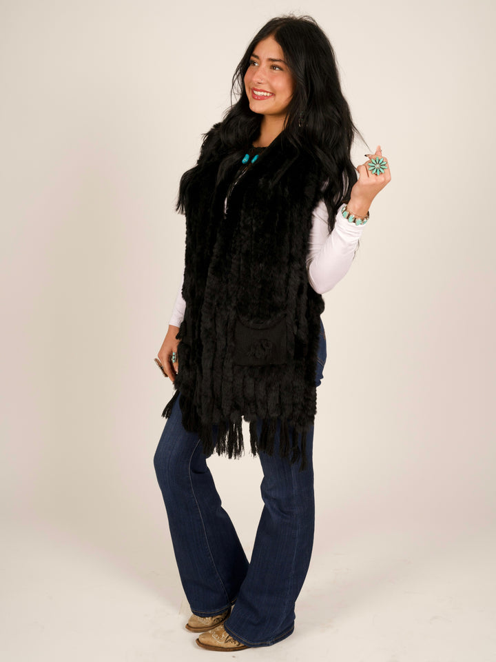 Black Rex Rabbit Pocket Shawl Fur Vest