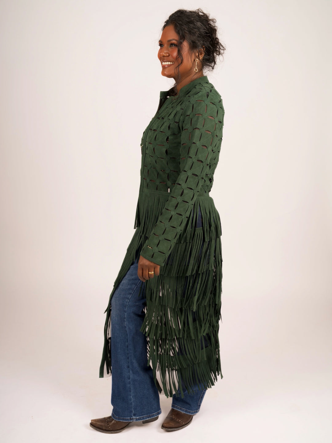 Genuine Suede Leather Laser-Cut Fringe Duster Jacket
