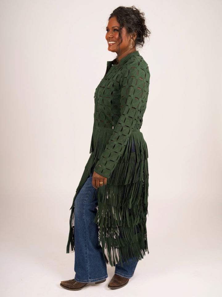 Genuine Suede Leather Laser-Cut Fringe Duster Jacket