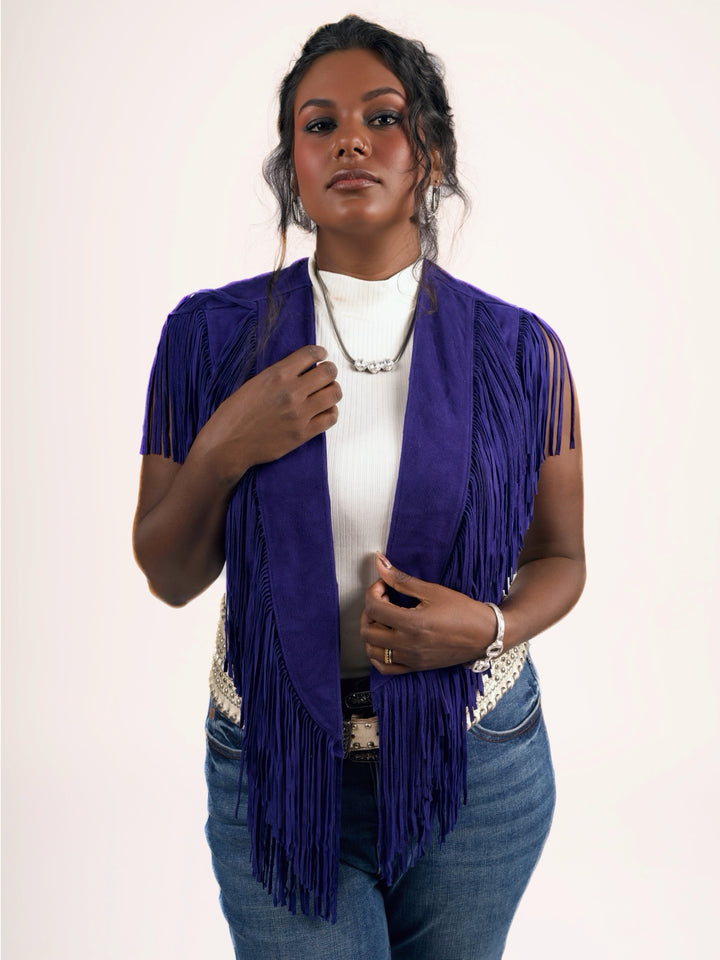 Handcrafted Royal Blue Suede Leather Fringe Shoulder Collar