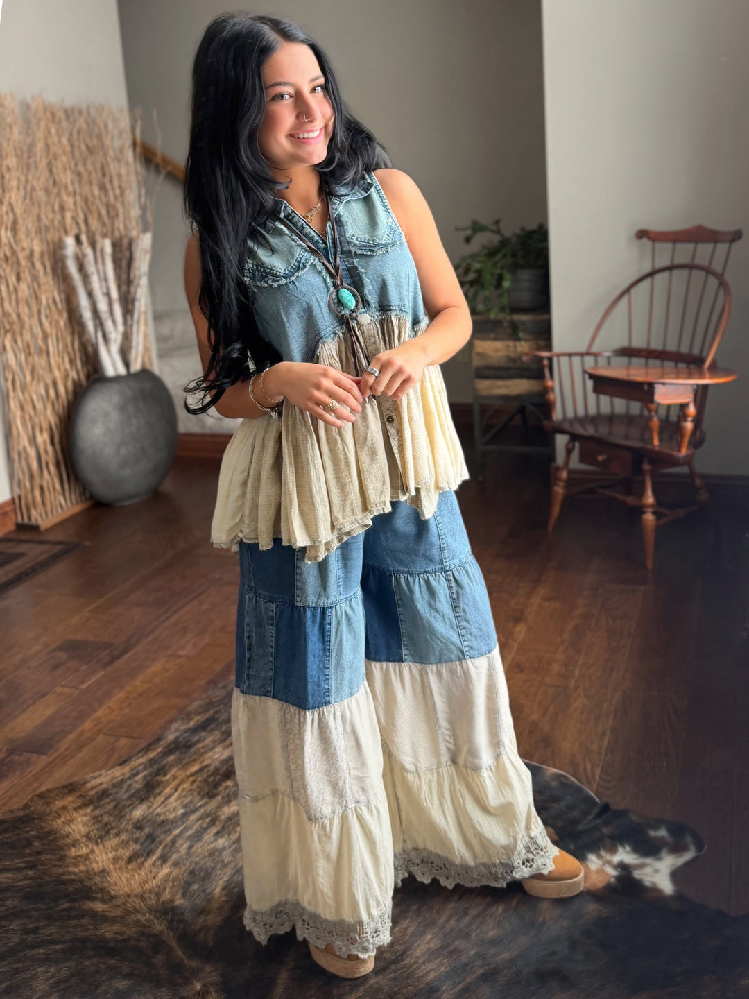 Boho Western Distressed Denim Sleeveless Tunic Top